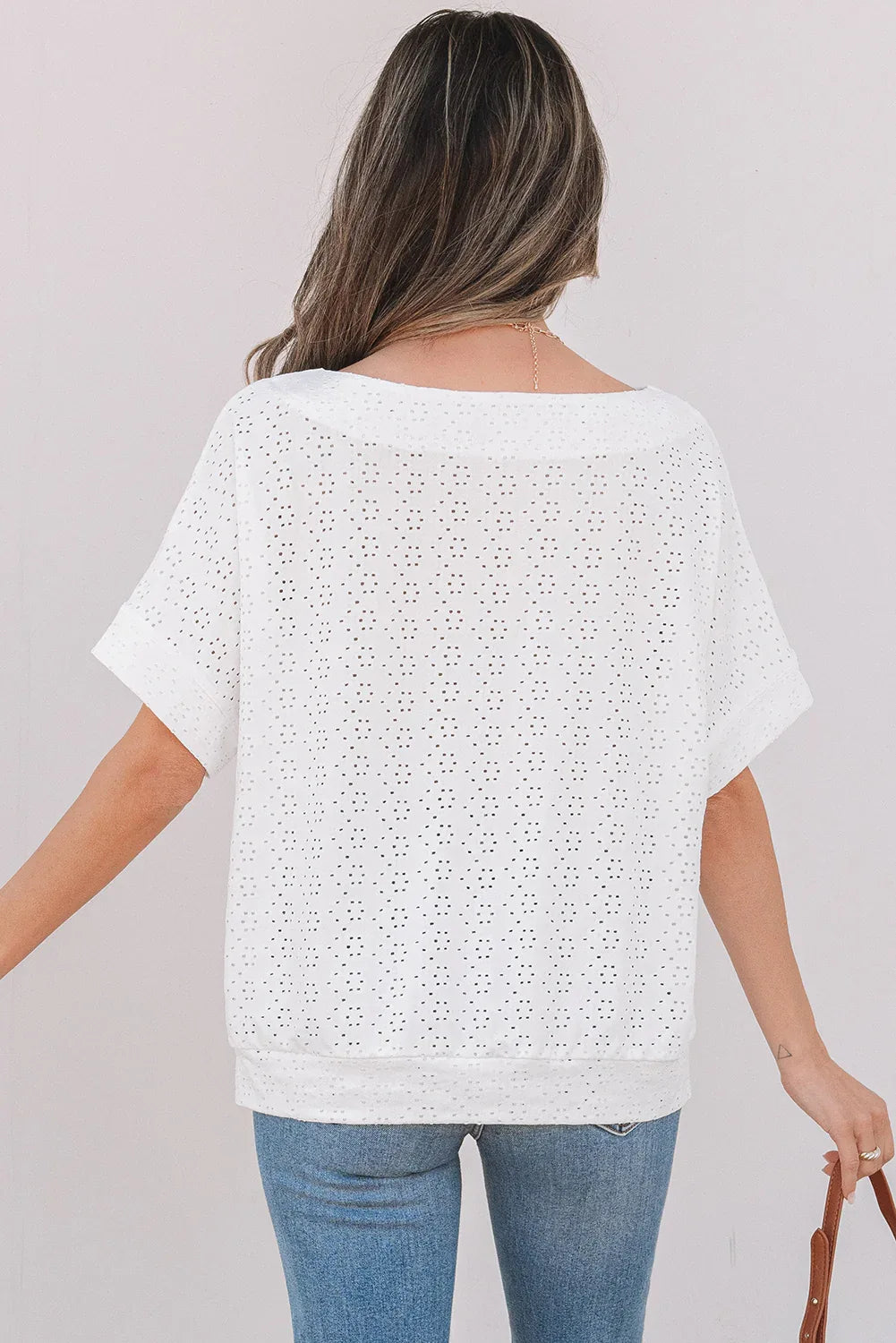White Eyelet Pattern Boat Neck Casual Tee - MarkoFit