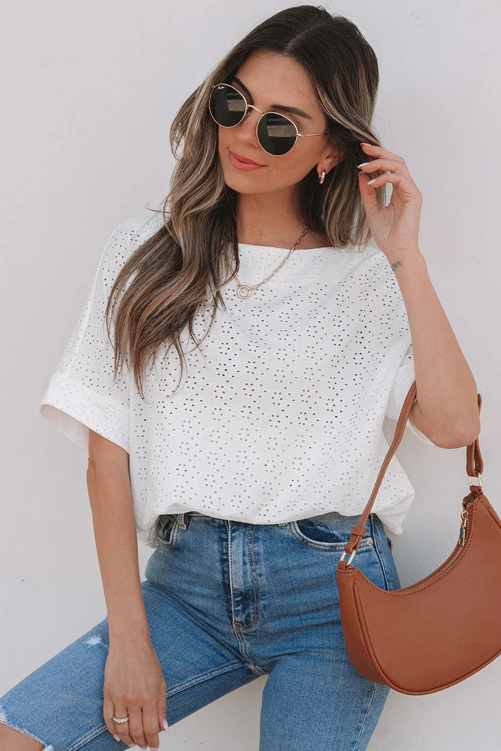 White Eyelet Pattern Boat Neck Casual Tee - MarkoFit