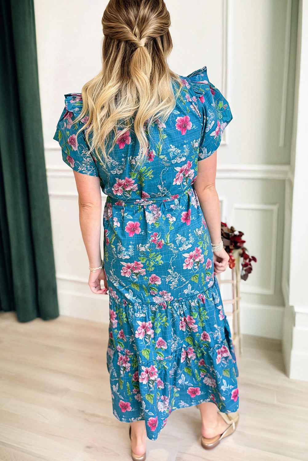 Blue Floral Flutter Sleeve Button Tie Split Neck Belted Long Dress