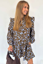 Brown Floral Print Ruffled Detail Shirt Collar Button Down Long Sleeve Dress