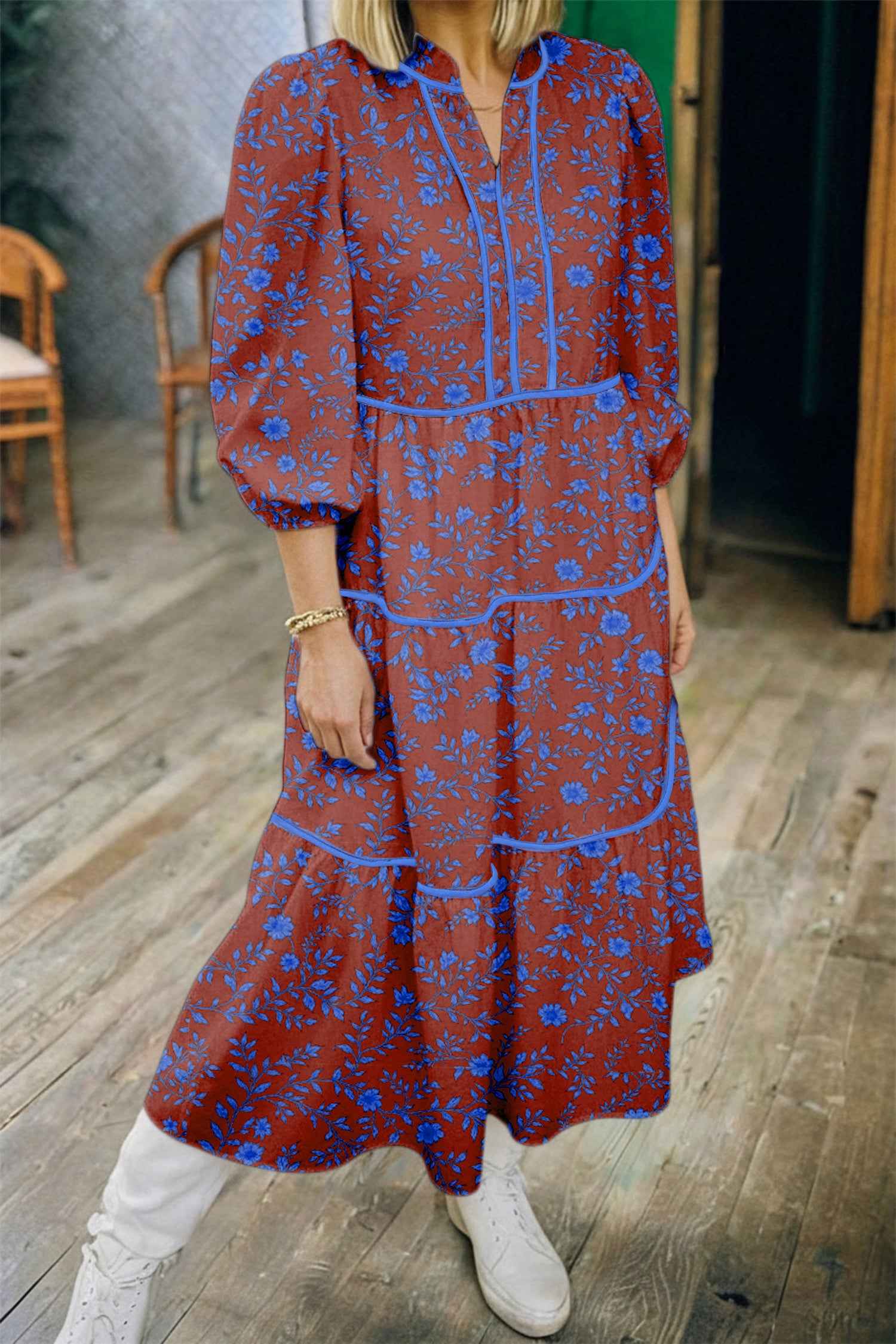 Brown 3/4 Puff Sleeve Tiered Loose Floral Dress