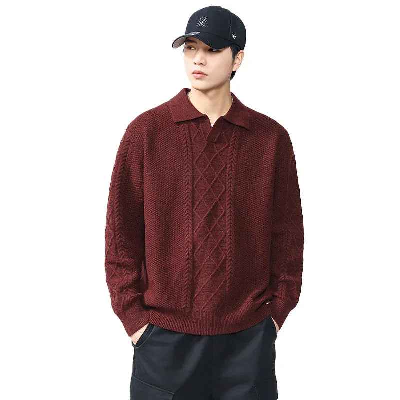 Solid Color Casual Turn-Down Collar Knit Sweater Men Loose Fit Sweater - MarkoFit