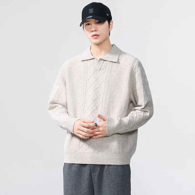 Solid Color Casual Turn-Down Collar Knit Sweater Men Loose Fit Sweater - MarkoFit