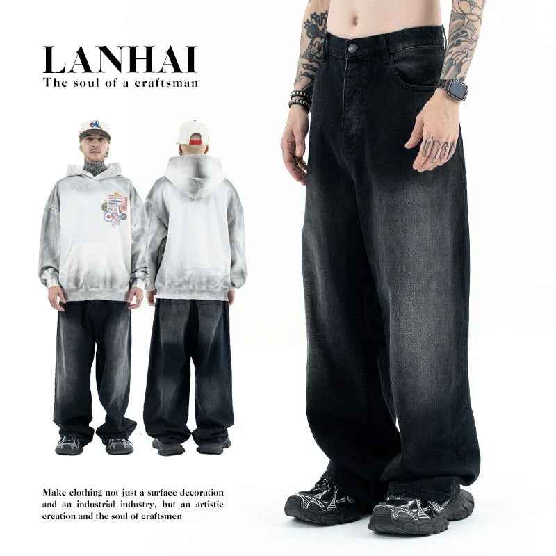 Black and Grey Straight Loose Casual Denim Pants for Men and Women - MarkoFit