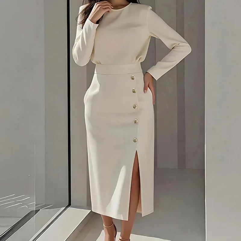 Elegant Style Round Neck Solid Color Dress Long Dress for Women - MarkoFit