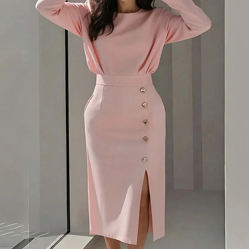 Elegant Style Round Neck Solid Color Dress Long Dress for Women - MarkoFit