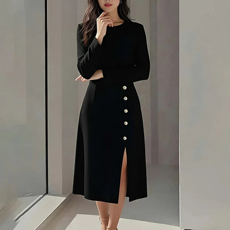 Elegant Style Round Neck Solid Color Dress Long Dress for Women - MarkoFit