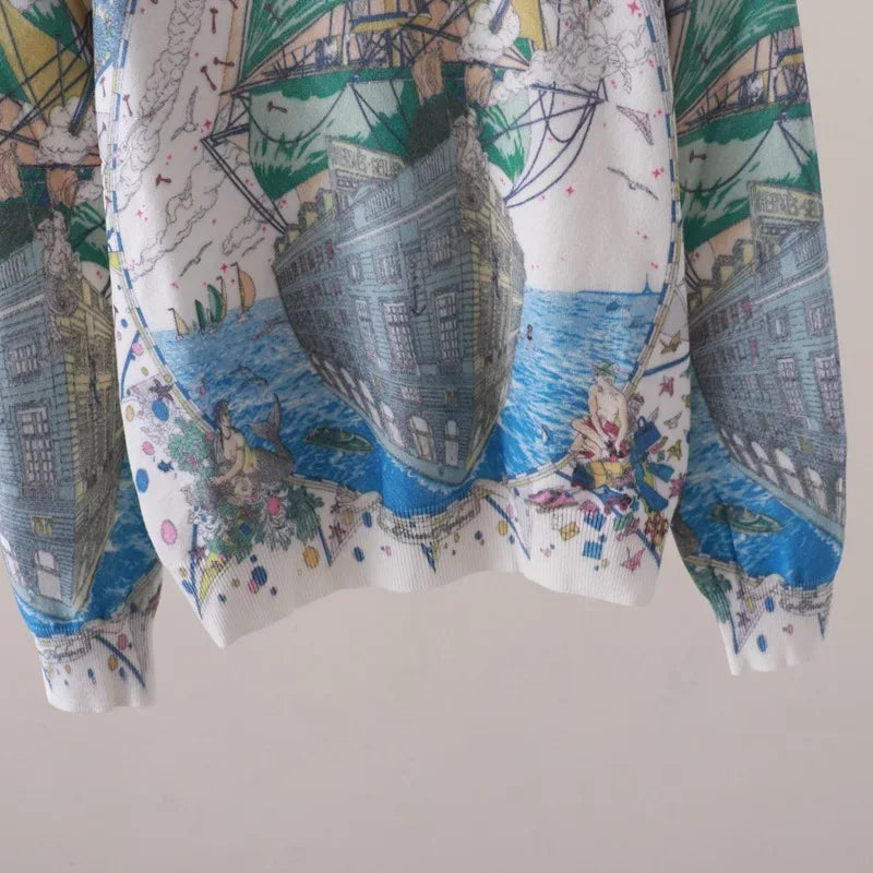 Fall Winter Art Print Sailboat Women's Sweater Pullover Swater Women Clothing Retro Crewneck Knitted Bottom top Y2K Clothes - MarkoFit