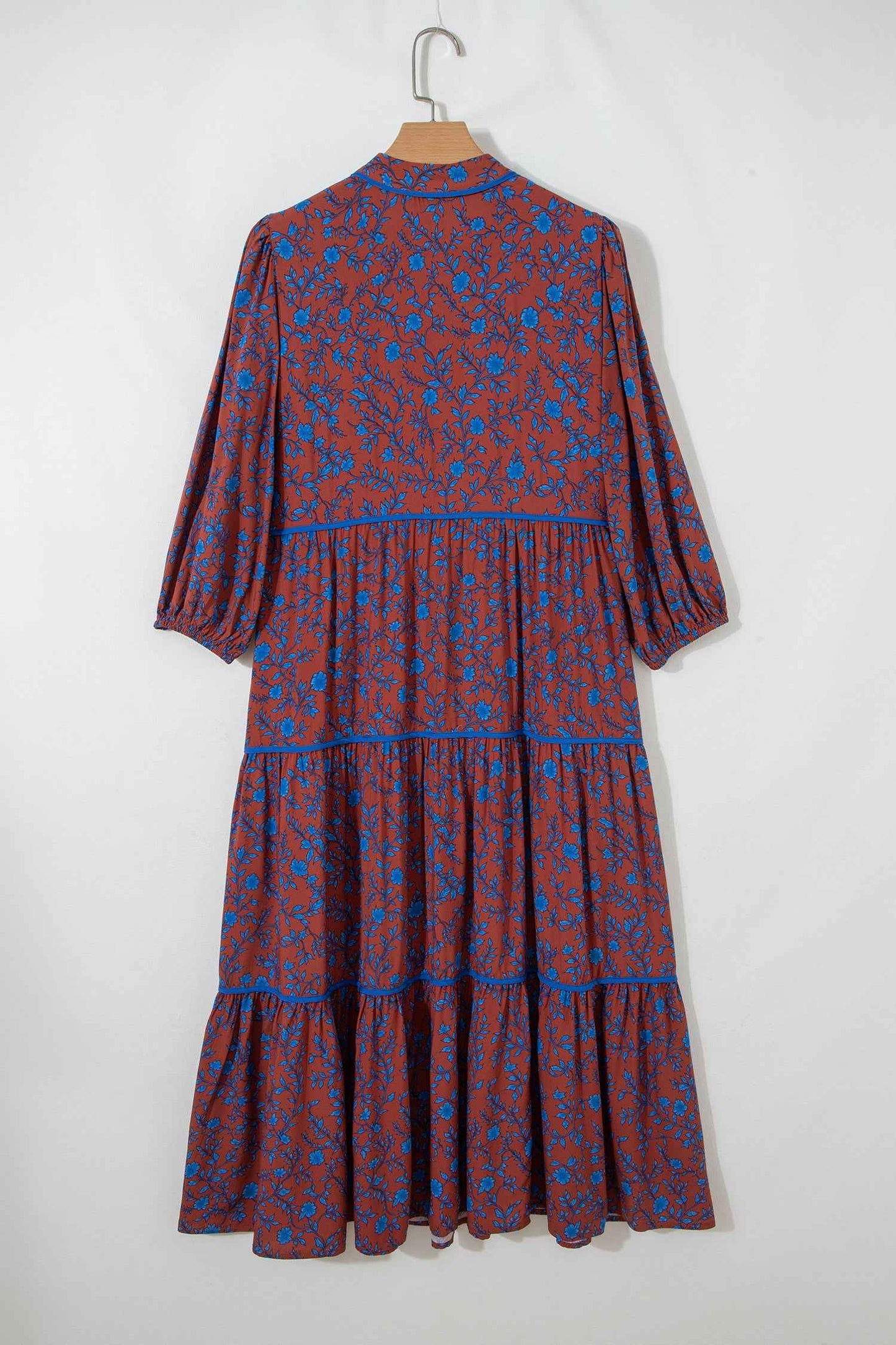 Brown 3/4 Puff Sleeve Tiered Loose Floral Dress