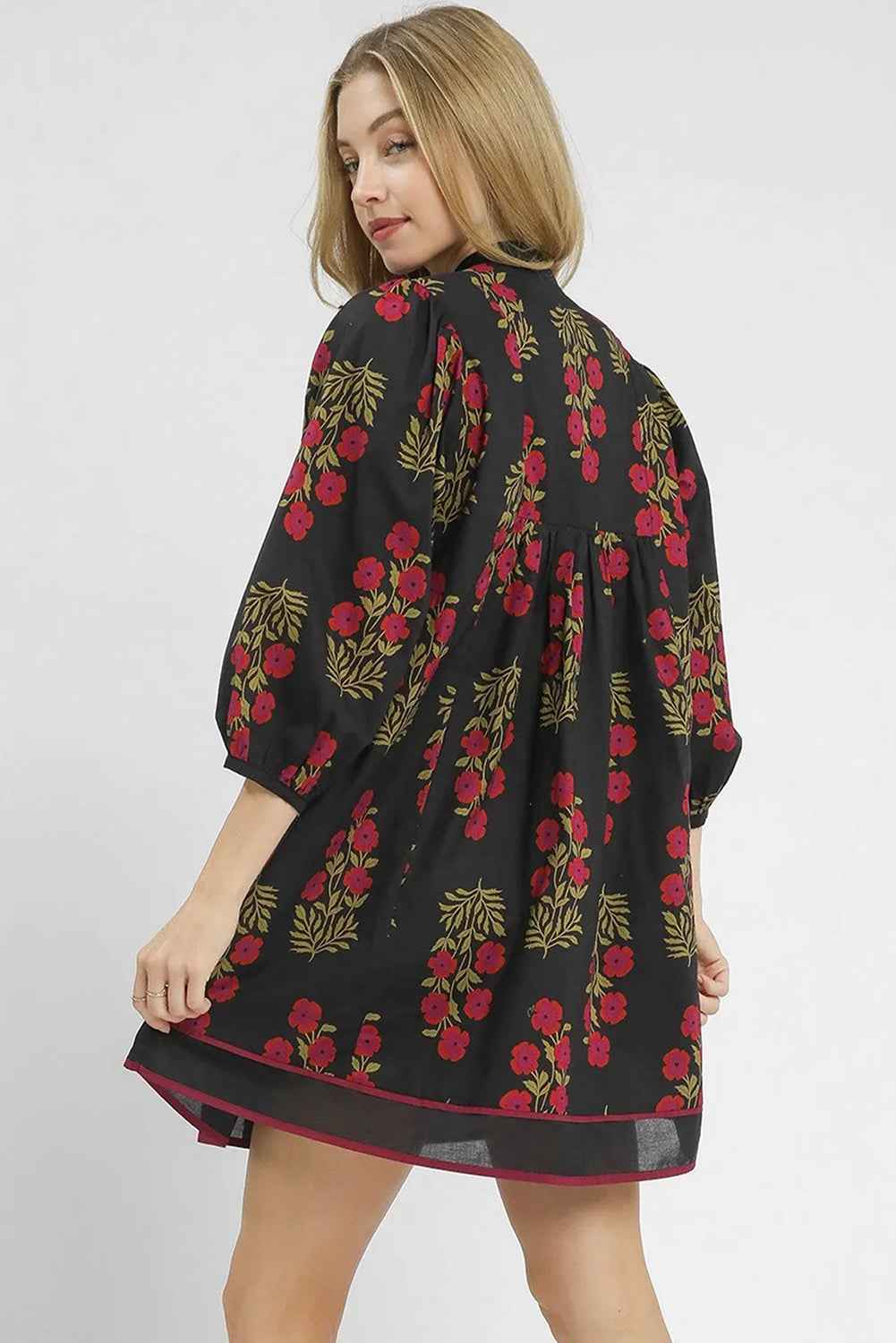 Black Floral Print Notched Neck Piping Trim Bracelet Sleeve Babydoll Dress