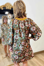 Brown Floral Print Contrast Trim V Neck Pocketed Long Sleeve Mini Dress