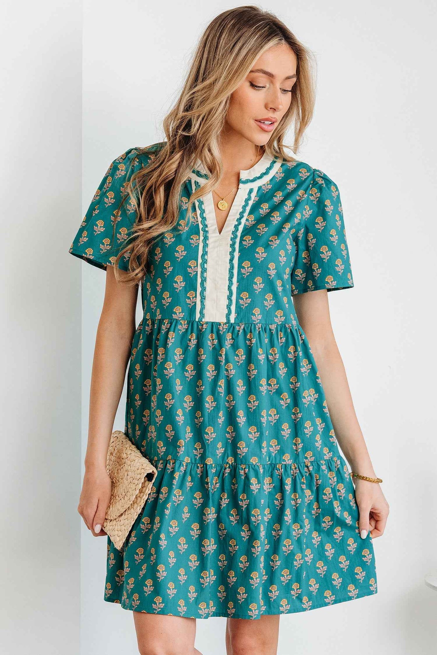 Green Contrast Trim V Neck Short Sleeve Floral Dress