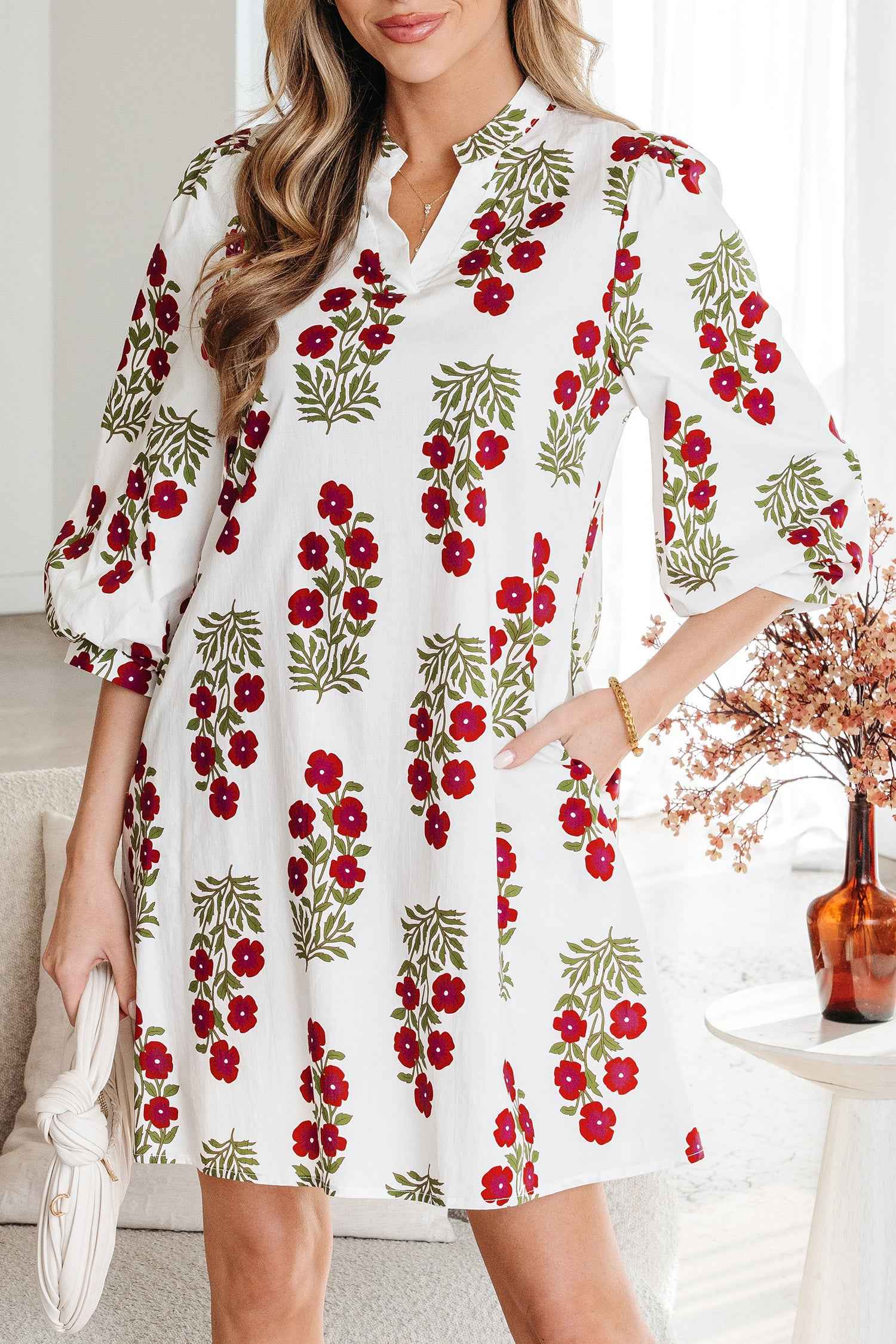 White Floral Print V Neck 3/4 Sleeve Loose Mini Dress