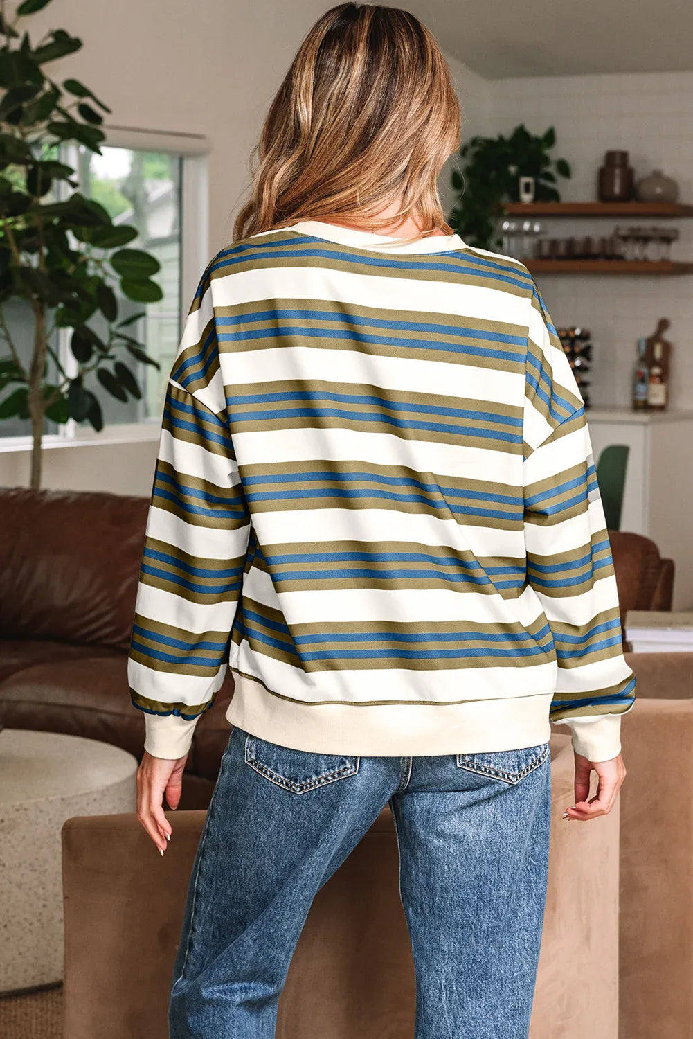 Khaki Stripe Crew Neck Drop Shoulder Pullover Sweatshirt - MarkoFit