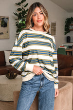 Khaki Stripe Crew Neck Drop Shoulder Pullover Sweatshirt - MarkoFit