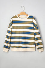 Khaki Stripe Crew Neck Drop Shoulder Pullover Sweatshirt - MarkoFit