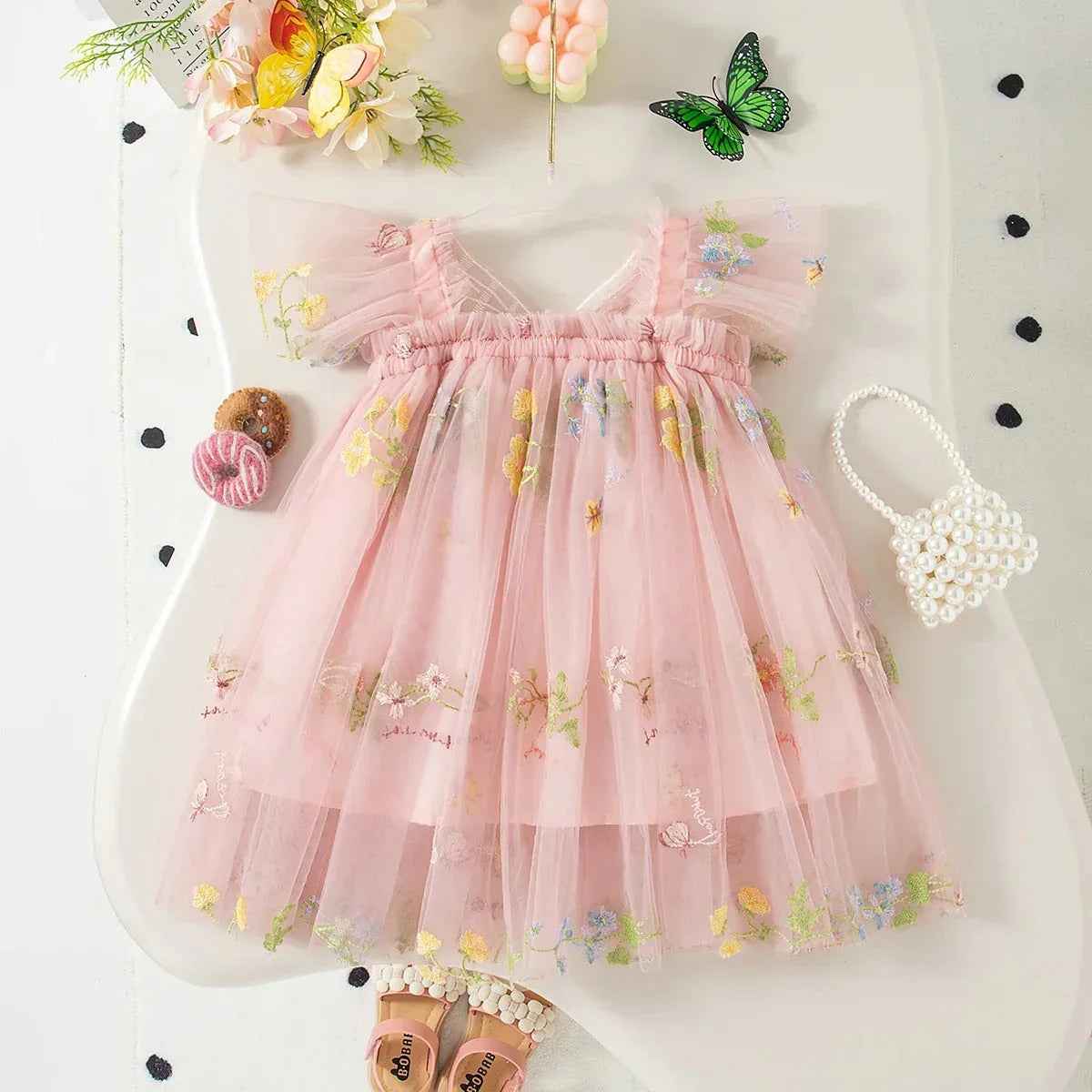 Girls' Dress Summer Floral Mesh Little Flying Sleeve Baby Girl Dress - MarkoFit