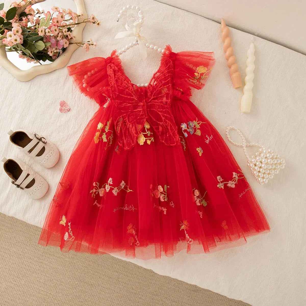 Girls' Dress Summer Floral Mesh Little Flying Sleeve Baby Girl Dress - MarkoFit