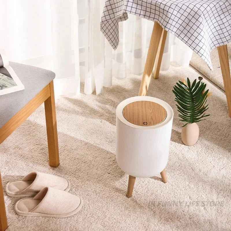 Wooden High Foot Trash Can For Bathroom Creative Kitchen - MarkoFit